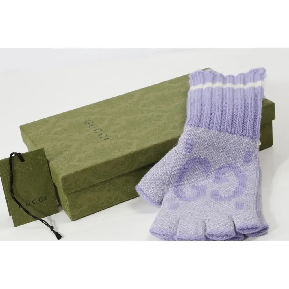 Gucci GG Knit Cashmere Fingerless Gloves Lilac Lavender Purple Size M 210/100